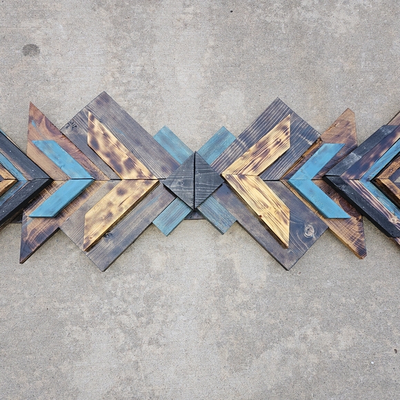 Other - Geometric Chevron Wood Wall Art in Blue and Natural Tones